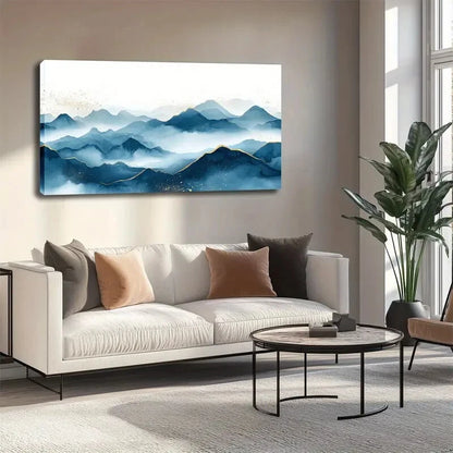Teal Blue Mountains & Snow Wall Art canvas office home room framed 120x60cm - Bella Home Decor