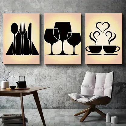 3pcs Cutlery, Wine Glasses, Coffee Cups Wall Art Canvas Unframed - High Quality Print 100% Australian Made Wall Canvas