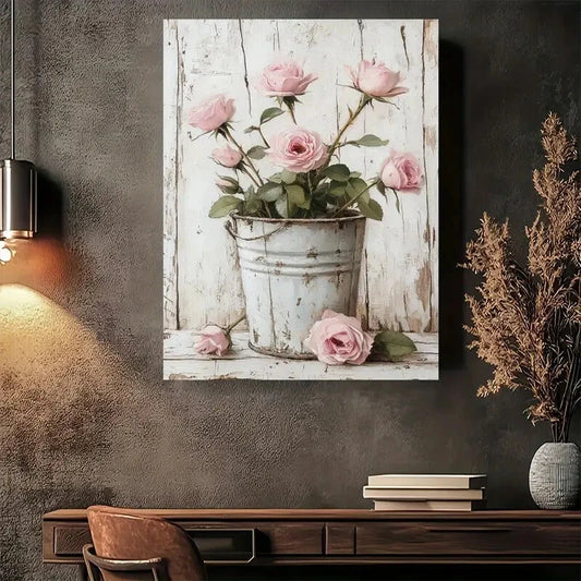Beautiful Rustic Pink Roses In Metal Bucket Painting 40x60cm Metal Print Ready to Hang