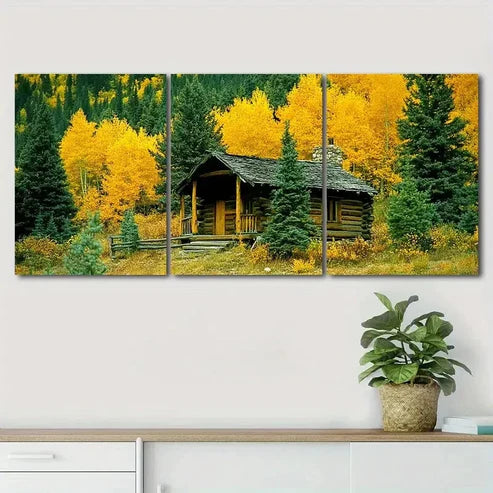 3pcs Autumn Wooden House Forest Nature Perfect Wall Art Canvas Unframed - High Quality Print 100% Australian Made Wall Canvas - Bella Home Decor