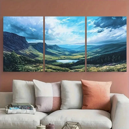 3pcs Brecon Beacons Vivid Blue Sky & Green Hills Metal Print Ready to Hang Art