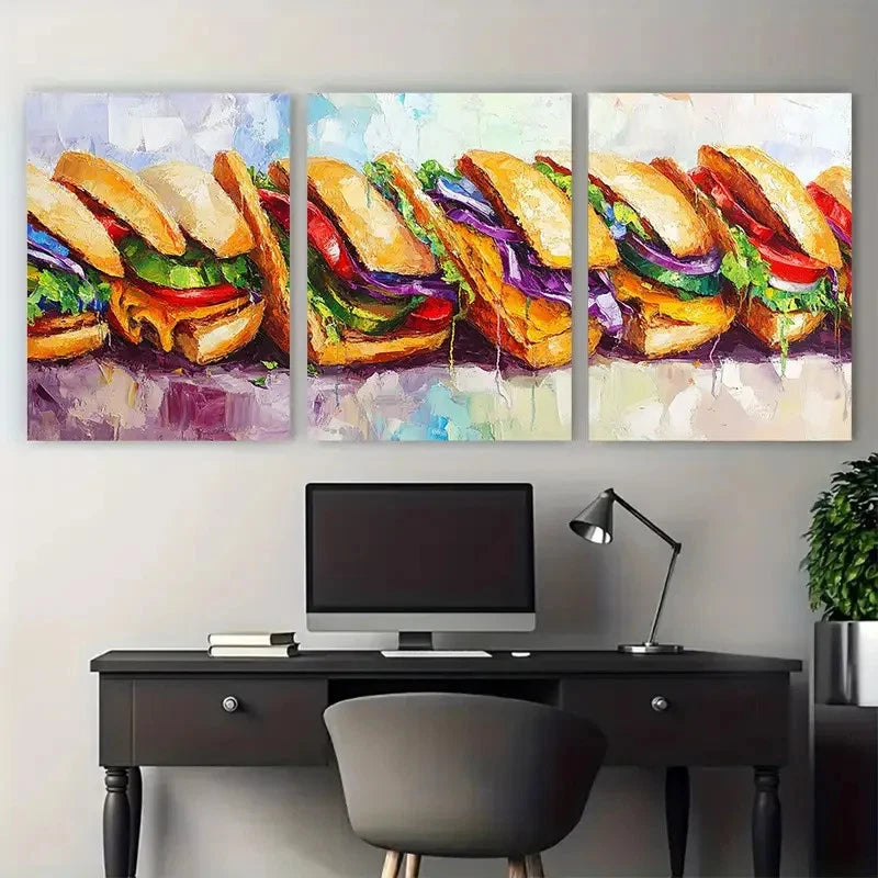 3pcs Sandwich Whimsical Lunch  Colorful Food Metal Print Ready to Hang Art - Bella Home Decor