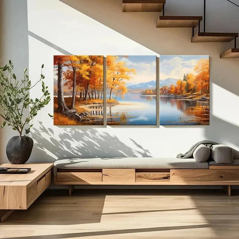 3pcs Autumn Forest Fallen Leaves Lake Mountains Wall Art Set Canvas Framed 50x70cm - High Quality Print 100% Australian Made Wall Canvas Ready to Hang - Bella Home Decor