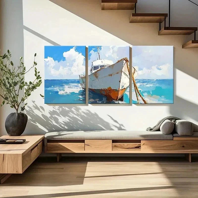 3pcs Nautical Ship Sailing in Sea Retro Wall Art Set Canvas Framed 50x70cm - High Quality Print 100% Australian Made Wall Canvas Ready to Hang