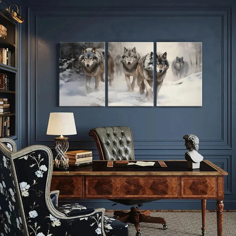 3pcs Wolf Pack Winter Scene Snowy Landscape Metal Print Ready to Hang Art - Bella Home Decor