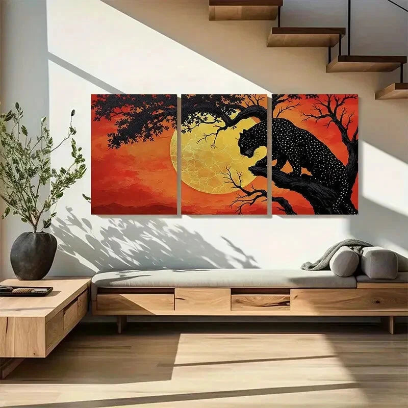 3pcs Bold Sunset Black Leopard and Silhouetted Metal Print Ready to Hang Art - Bella Home Decor