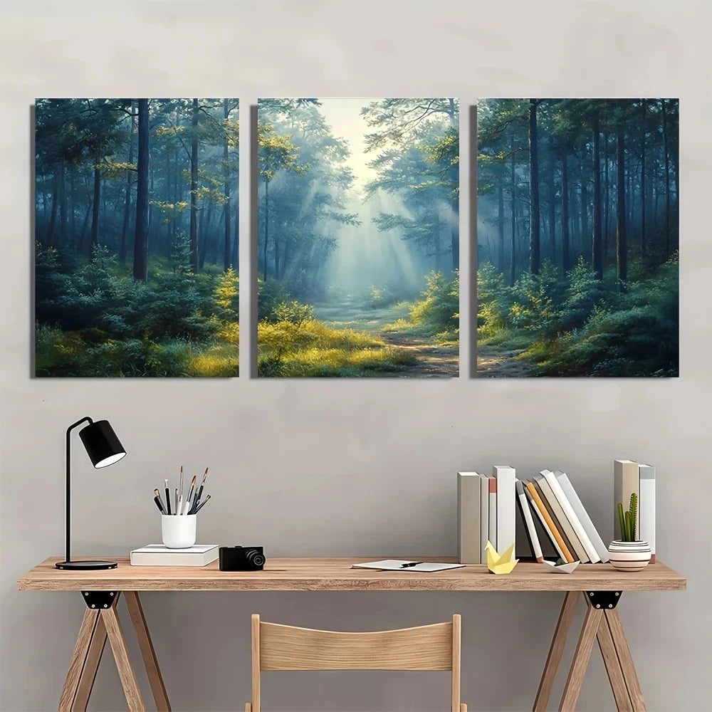 3pcs Foggy Forest Sunlight Filtering Trees Wall Art Set Canvas Framed 60x90cm - High Quality Print 100% Australian Made Wall Canvas Ready to Hang - Bella Home Decor