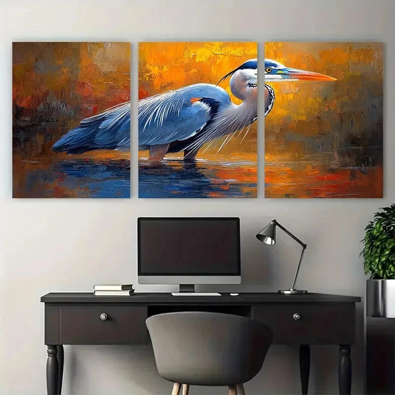 3pcs Great Blue Heron Birds Illustration in Water Metal Print Ready to Hang Art - Bella Home Decor