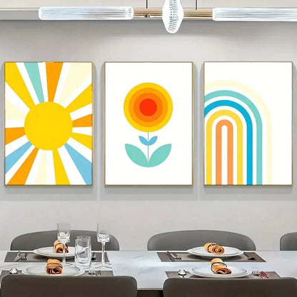 3pcs Flowers Sun And Rainbow Poster Abstract Metal Print Ready to Hang Art