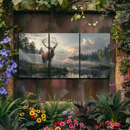 3pcs Elegant Stag in Misty Forest Landscape Metal Print Ready to Hang Art