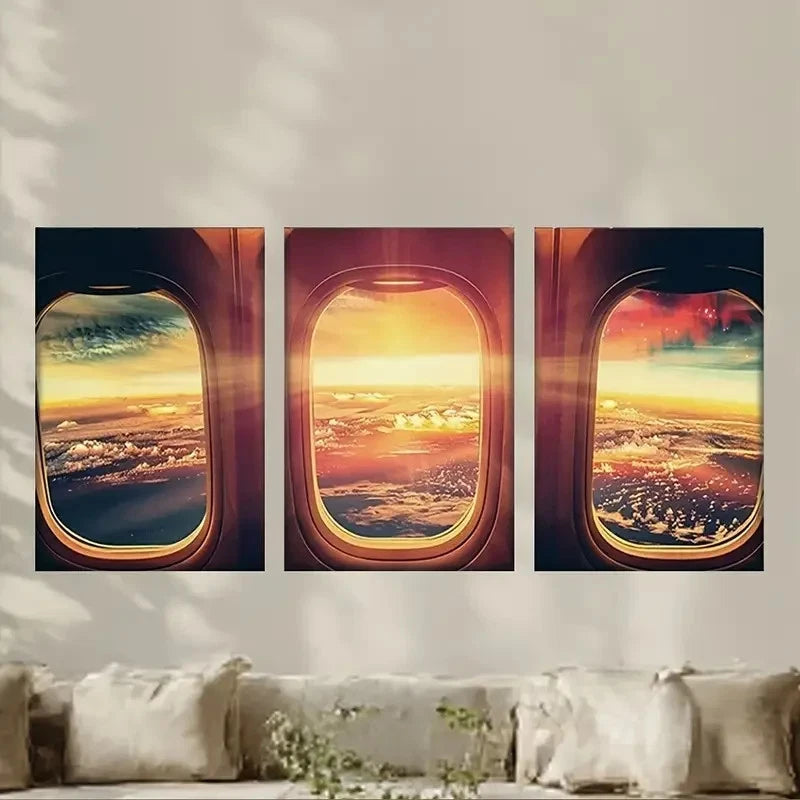 3pcs Aviation-Themed Triptych with Sunset Metal Print Ready to Hang Art - Bella Home Decor