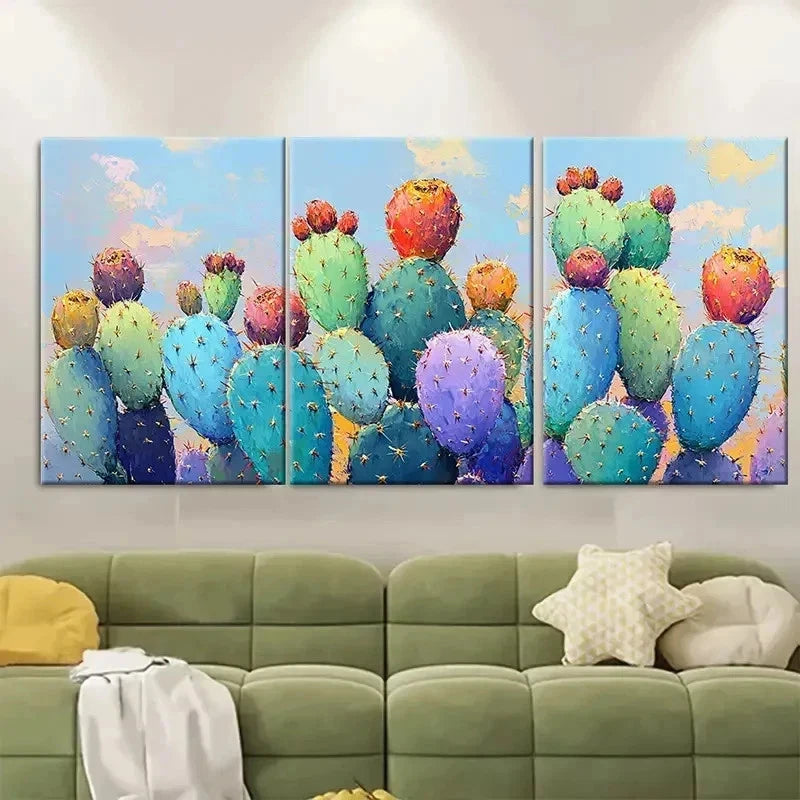 3pcs Colorful Cactus Painting X  Wall Art Set Canvas Framed 50x70cm - High Quality Print 100% Australian Made Wall Canvas Ready to Hang - Bella Home Decor