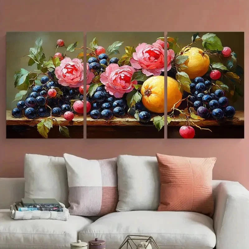 3pcs Floral Bouquet Fruit Illustration Metal Print Ready to Hang Art - Bella Home Decor