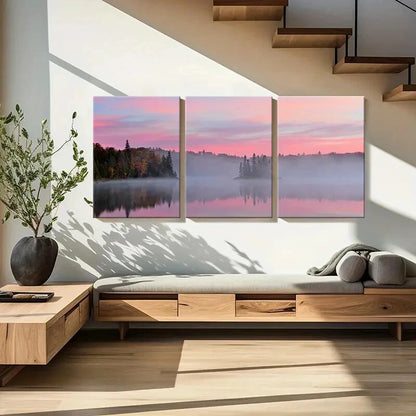 3pcs Lake Misty Forest Pink Sky Sunrise Wall Art Set Canvas Framed 60x90cm - High Quality Print 100% Australian Made Wall Canvas Ready to Hang - Bella Home Decor