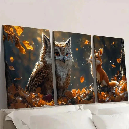 3pcs Rustic Owl & Rabbit in Autumn Scene Wall Art Canvas Unframed - High Quality Print 100% Australian Made Wall Canvas