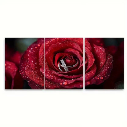 3pcs Elegant Red Rose with Wedding Rings Wall Art Set Canvas Framed 40x60cm - High Quality Print 100% Australian Made Wall Canvas Ready to Hang