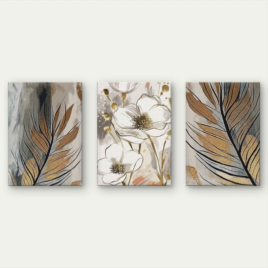 3pcs Modern Abstract White Floral and Feathers Wall Art Set Canvas Framed 40x60cm - High Quality Print 100% Australian Made Wall Canvas Ready to Hang