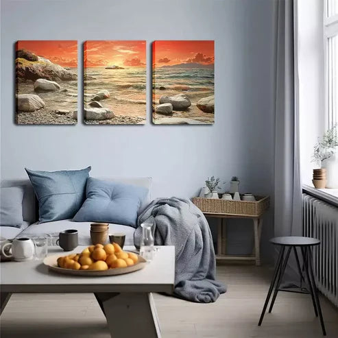 3pcs Refreshing, Seaside Stone, Red Sky Wall Art Canvas Unframed - High Quality Print 100% Australian Made Wall Canvas
