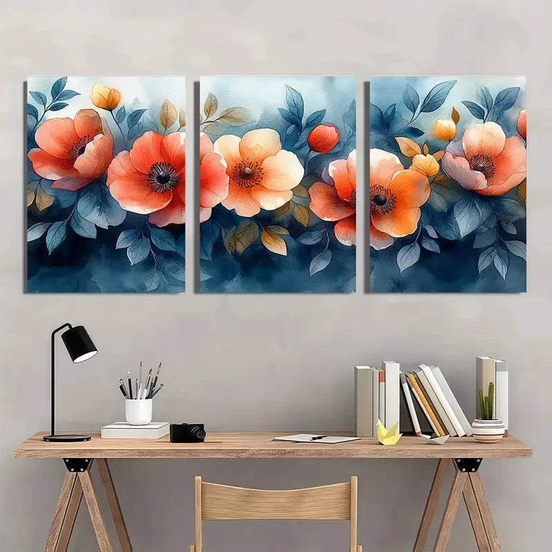 3pcs Vibrant Orange & Blue Flower Metal Print Ready to Hang Art - Bella Home Decor