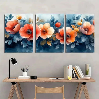 3pcs Vibrant Orange & Blue Flower Metal Print Ready to Hang Art - Bella Home Decor