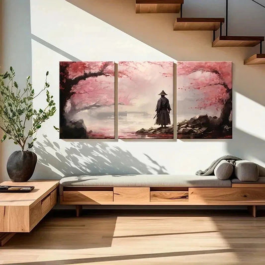 3pcs Japanese Style Sakura Tree & Samurai Wall Art Set Canvas Framed 50x70cm - High Quality Print 100% Australian Made Wall Canvas Ready to Hang