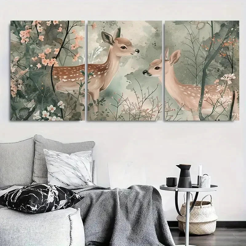 3pcs Deer Rustic Wildlife & Floral Scene Metal Print Ready to Hang Art - Bella Home Decor