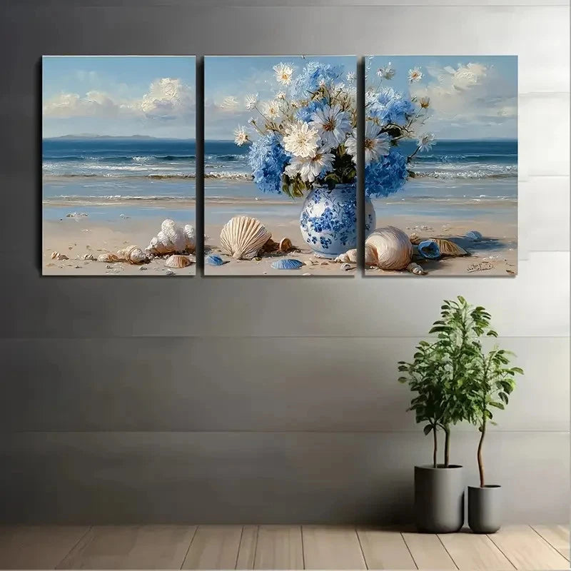 3pcs Blue And White Flowers In Vase Wall Art Set Canvas Framed 60x90cm - High Quality Print 100% Australian Made Wall Canvas Ready to Hang - Bella Home Decor