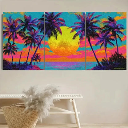 3pcs Neon Tropical Full Moon Pop Art Sunset Wall Art Set Canvas Framed 50x70cm - High Quality Print 100% Australian Made Wall Canvas Ready to Hang