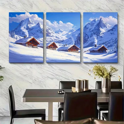 3pcs Snow Covered Chalets with Red Roofs Metal Print Ready to Hang Art