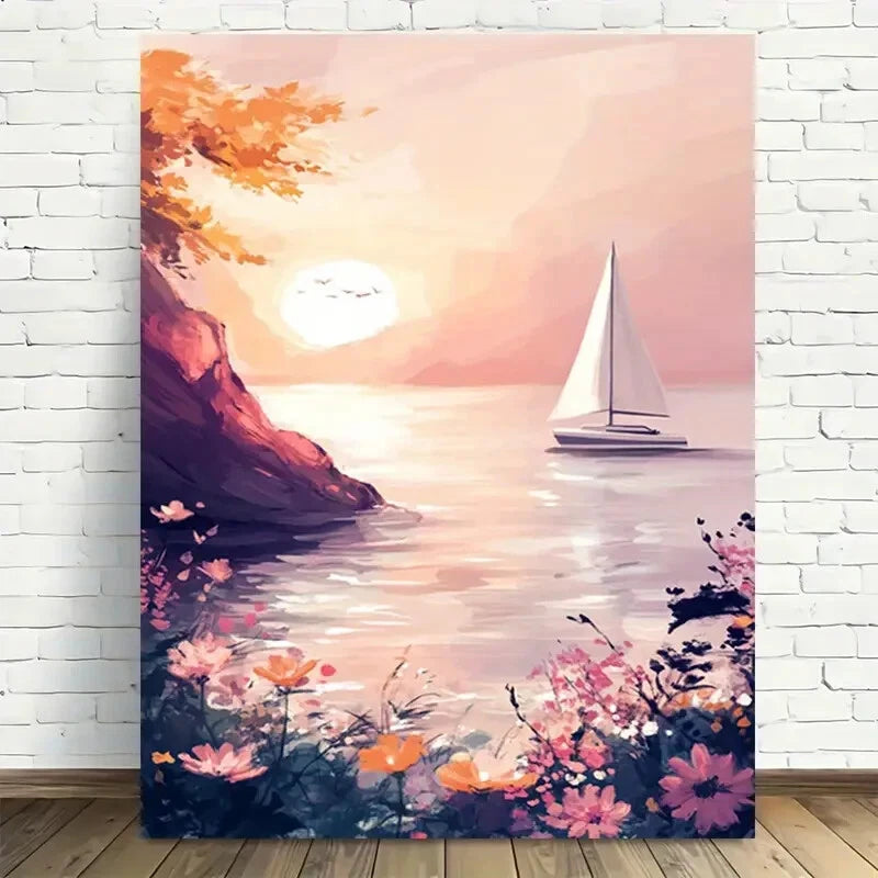 Beautiful Serene Sunset Sailboat Coastal Painting 40x60cm Metal Print Ready to Hang - Bella Home Decor