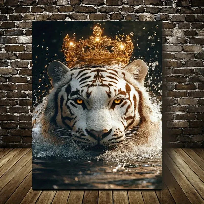 Contemporary Luxury White Tiger with Golden Painting 40x60cm Metal Print Ready to Hang - Bella Home Decor