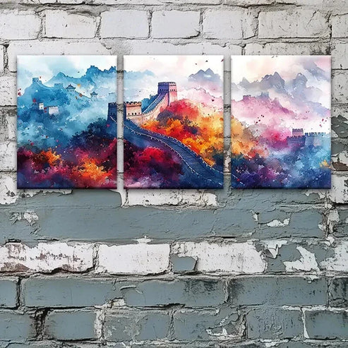 3pcs Ancient Great Wall of China Watercolor Art Set Canvas Unframed - High Quality Print 100% Australian Made Wall Canvas - Bella Home Decor