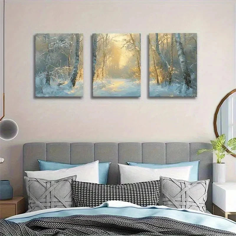 3pcs Golden Sunlight Winter Forest Landscape Metal Print Ready to Hang Art - Bella Home Decor