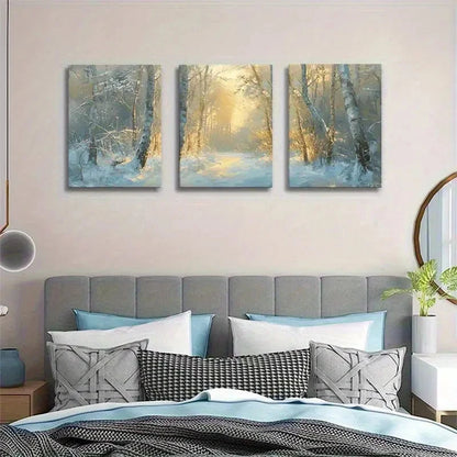 3pcs Golden Sunlight Winter Forest Landscape Metal Print Ready to Hang Art - Bella Home Decor