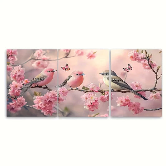 3pcs Pink Birds Cherry Blossom Butterflies Metal Print Ready to Hang Art - Bella Home Decor