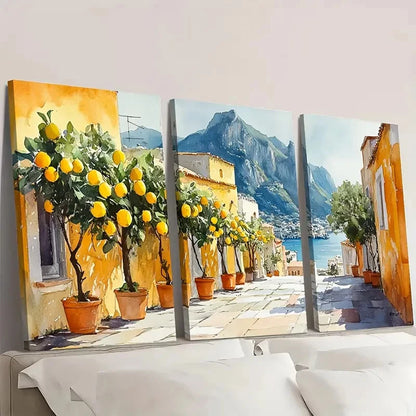 3pcs Italian Cityscape Lemon Tree Artwork F   Wall Art Set Canvas Framed 60x90cm - High Quality Print 100% Australian Made Wall Canvas Ready to Hang