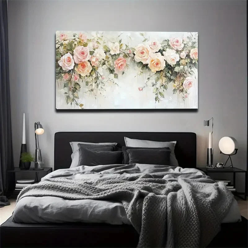 Pink & White Roses With Green Wall Art Canvas Office Home Room Framed 120x60cm