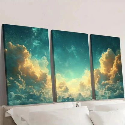 3pcs Teal & Golden Clouds Design T  Wall Art Set Canvas Framed 50x70cm - High Quality Print 100% Australian Made Wall Canvas Ready to Hang