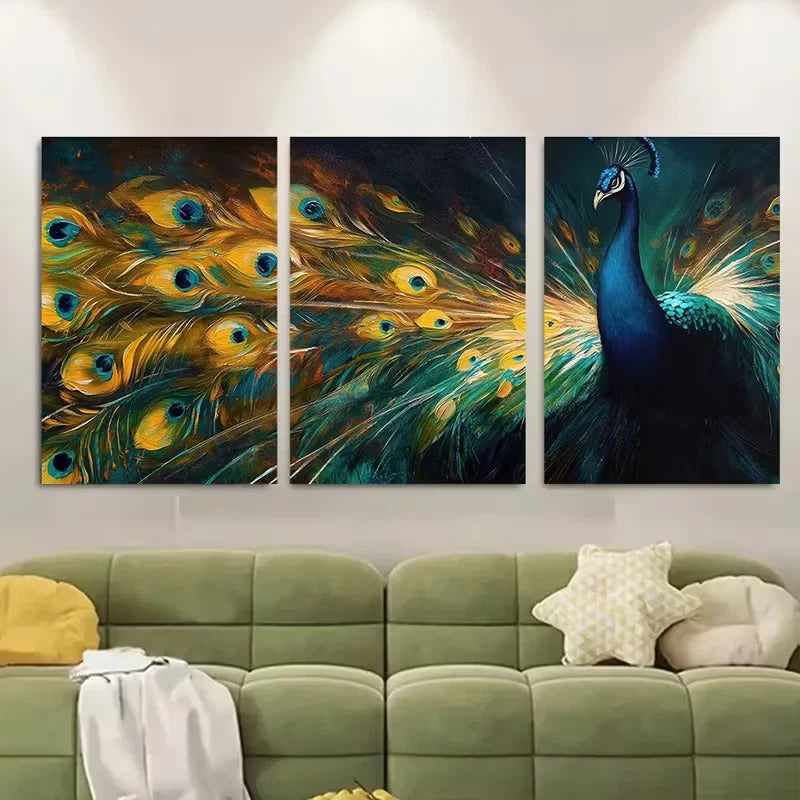 3pcs Vibrant Peacock Feathers Metal Print Ready to Hang Art