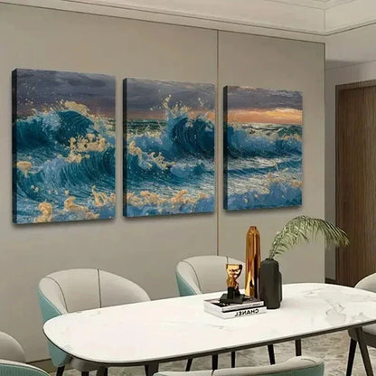 3pcs Ocean Waves in Blue & Golden Wall Art Canvas Unframed - High Quality Print 100% Australian Made Wall Canvas