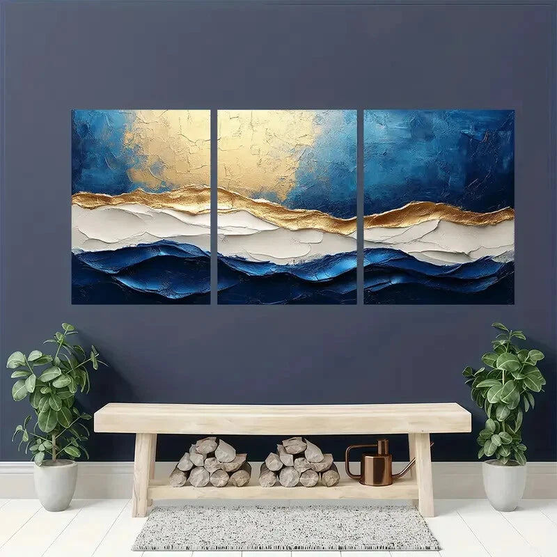 3pcs Blue Abstract Painting Blue Minimalist Metal Print Ready to Hang Art - Bella Home Decor