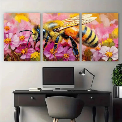 3pcs Vibrant Honeybee on Pink Florals Metal Print Ready to Hang Art - Bella Home Decor