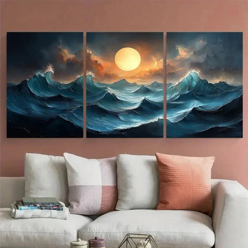 3pcs Modern Minimalist Abstract Sea Waves Metal Print Ready to Hang Art