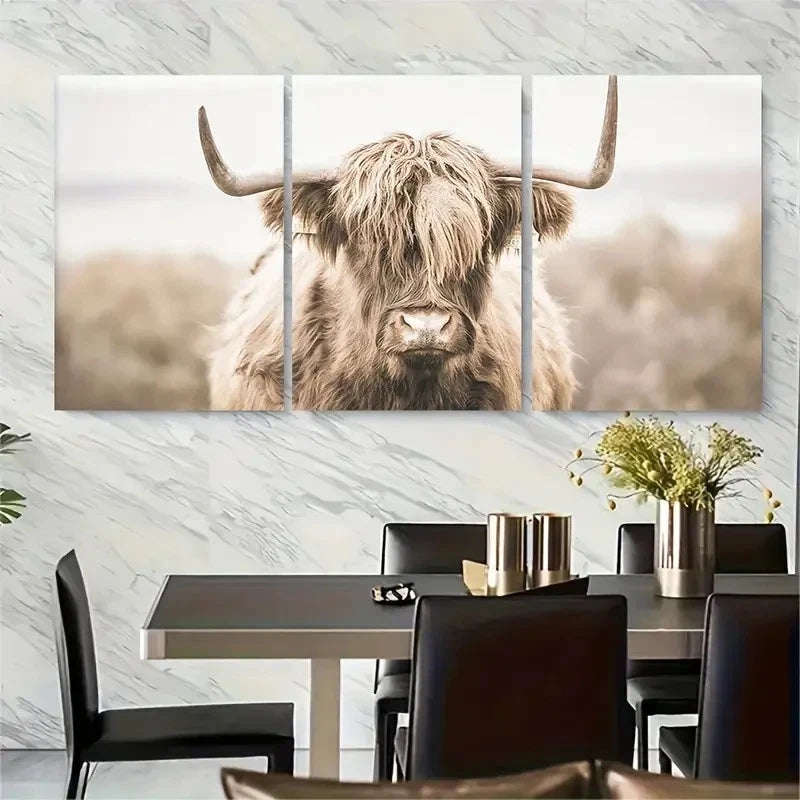 3pcs Majestic Brown Cows in Pastoral Landscape Metal Print Ready to Hang Art