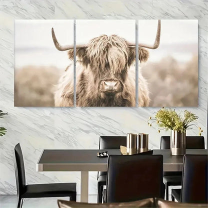 3pcs Majestic Brown Cows in Pastoral Landscape Metal Print Ready to Hang Art