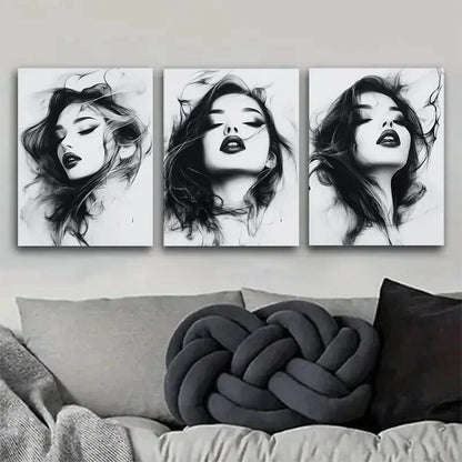 3pcs Monochrome Portrait Flowing Hair Perfect Wall Art Set Canvas Framed 40x60cm - High Quality Print 100% Australian Made Wall Canvas Ready to Hang - Bella Home Decor