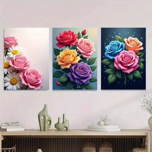 3pcs Colorful Rose and Daisy Beautiful Floral Wall Art Set Canvas Unframed - High Quality Print 100% Australian Made Wall Canvas - Bella Home Decor