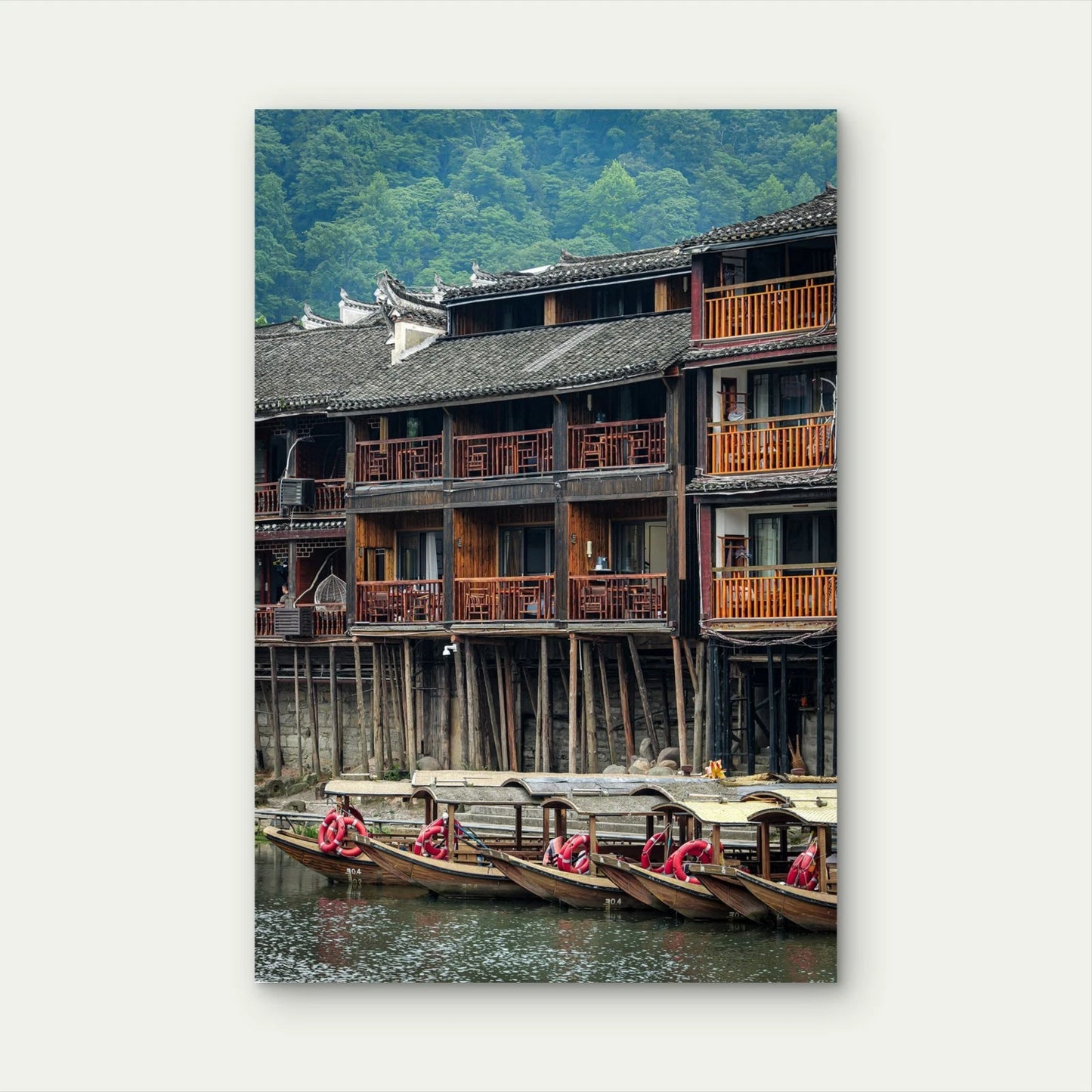 Rustic Asian River Village Wooden Boats 40x60cm Metal Print Ready to Hang