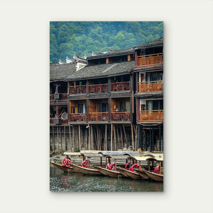 Rustic Asian River Village Wooden Boats 40x60cm Metal Print Ready to Hang