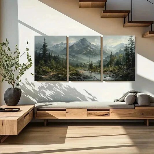 3pcs Mountain Landscape Forest Stream Wall Art Set Canvas Framed 60x90cm - High Quality Print 100% Australian Made Wall Canvas Ready to Hang